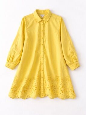 Crown & Ivy Cotton Shirt Dress Woman XL Yellow Eyelet Button Front Pocket Preppy
